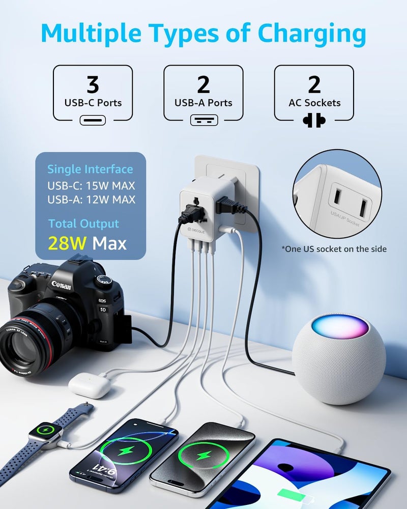 D DECQLE Universal Travel Adapter, International Travel Plug Adapter with 3 USB-C ＆ 2 USB-A Ports, with Extra 2 Prong AC Outlet All in One Portable Socket, for USA, UK, EU, AU ＆ 224+ Countries (White) - Image 3